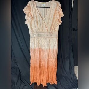 Magnolia Ombré Peach & Gold Peasant Maxi Boho Dress w/tiered skirt & ruffles